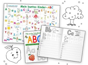 Mein buntes Kinder-ABC Druckschrift Lernposter DIN A4 laminiert + Schreiblernheft DIN A5, 2 Teile